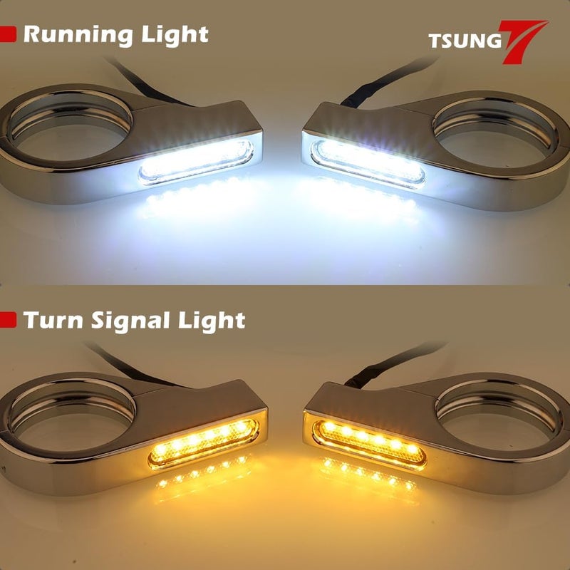 TSUNG Motorcycle Fork Mounted LED Turn Signals 39-41mm Switchback Sequential Amber Light with Bracket Indicater for Cruiser, Street Bike & Touring Motorcycles (Chrome Amber&White) - Image 3